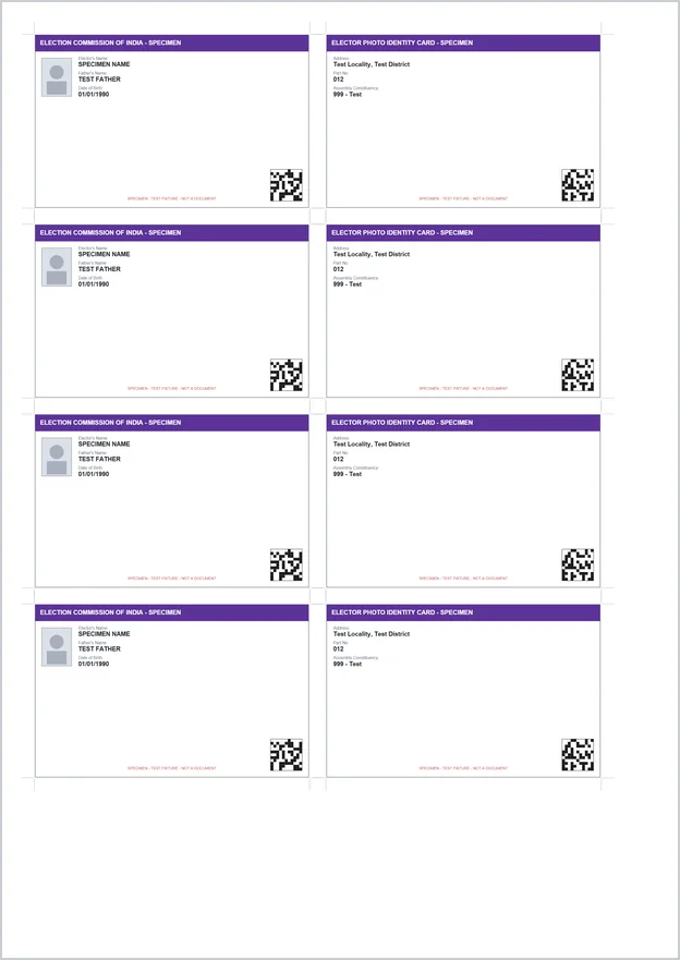 An A4 print sheet made by the tool: 8 cards in 4 rows, front and back side by side, with cut marks at the corners